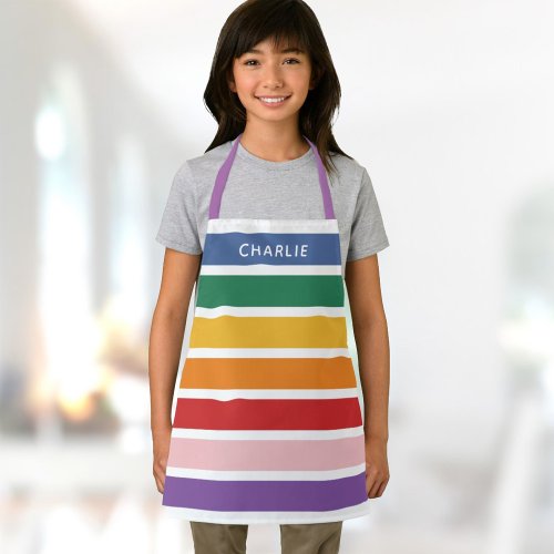 Modern Simple Cute Rainbow Custom Name Striped Kid Apron