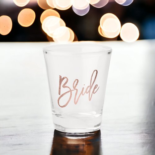 Modern simple cute rose gold Bride typography Shot Glass