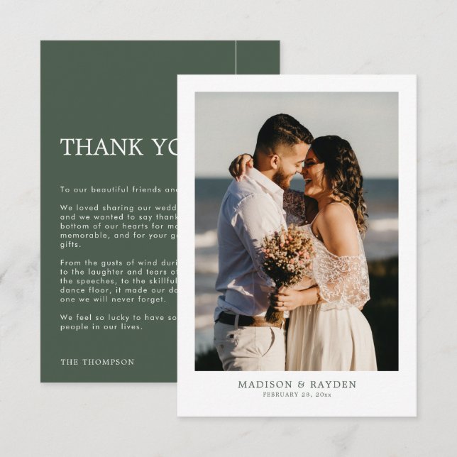 Modern Simple Dark Green with Photo Wedding Thank You Card (Front/Back)