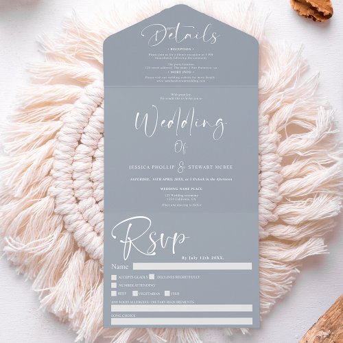 Modern simple dusty blue calligraphy wedding all in one invitation