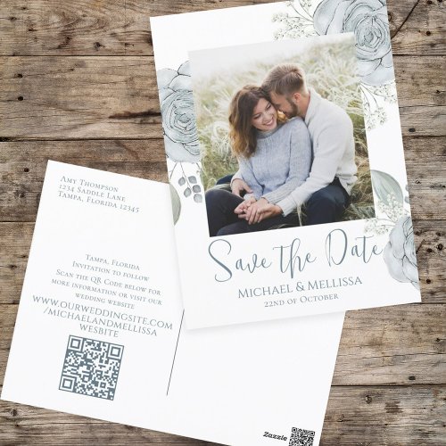 Modern Simple Dusty Blue Floral Photo QR Code  Postcard