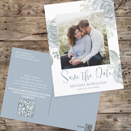 Modern Simple Dusty Blue Floral Photo QR Code Postcard