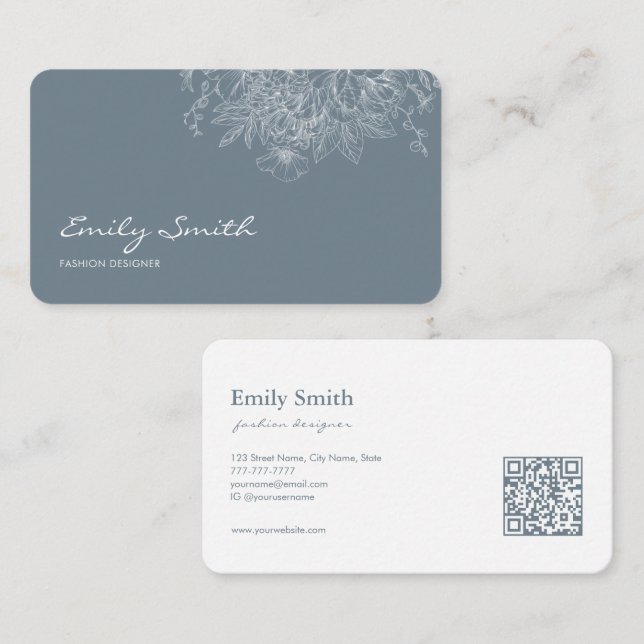 Modern Simple Dusty Blue Flower Line Art QR Code  Business Card (Front/Back)