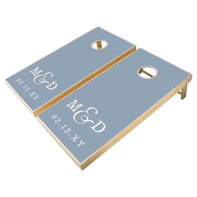 Modern Simple Dusty Blue Personalized Wedding Cornhole Set (Angled)