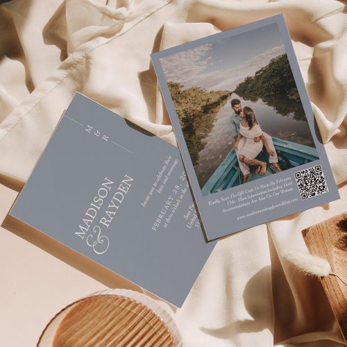 Modern Simple Dusty Blue QR Code Photo Wedding Invitation