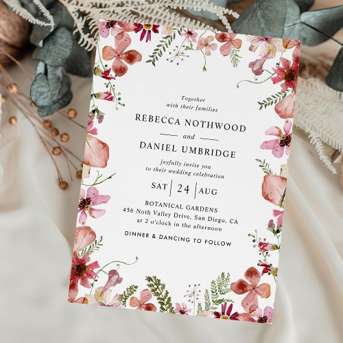 Modern Simple Dusty Pink Wildflowers Wedding Invitation