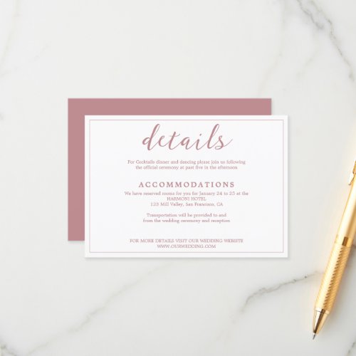 Modern Simple Dusty Rose Script in White Wedding Enclosure Card