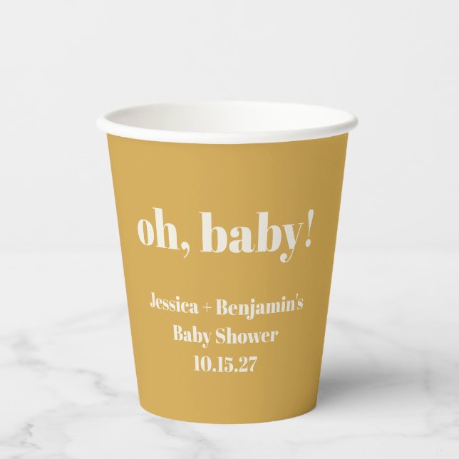 Modern Simple Dusty Yellow Baby Shower Custom Name Paper Cups (Front)