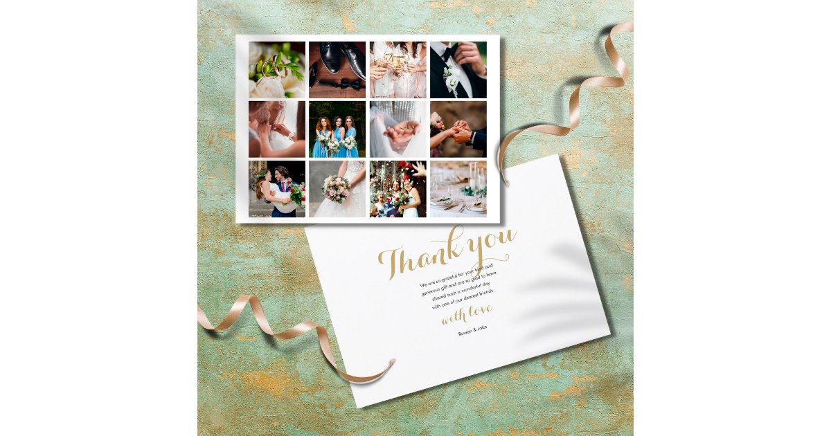 Modern Simple Elegant 12 Photo Collage Wedding Thank You Card | Zazzle