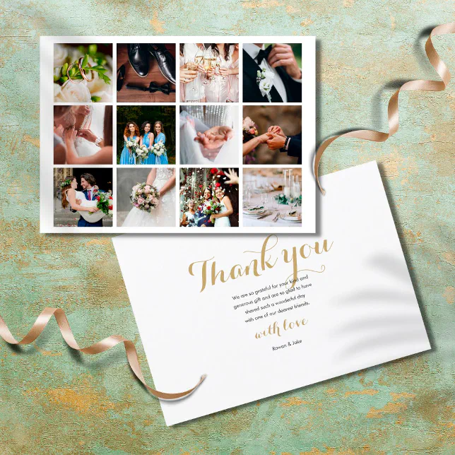 Modern Simple Elegant 12 Photo Collage Wedding Thank You Card | Zazzle