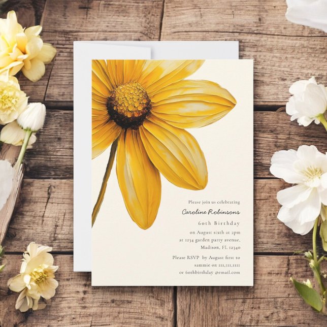 Modern simple elegant 60th birthday  invitation (modern miniaml floral with cream backgrounf and black text 60th birthday party , simple elegance)
