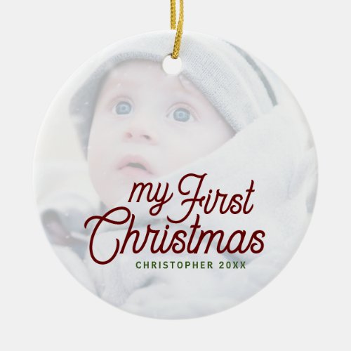 Modern Simple Elegant Babys First Christmas Photo Ceramic Ornament