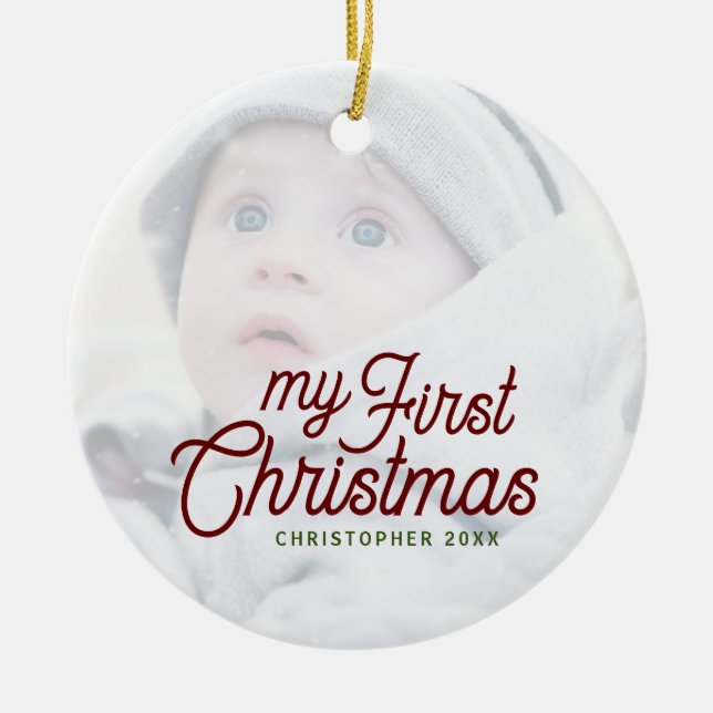 Modern Simple Elegant Baby’s First Christmas Photo Ceramic Ornament (Front)