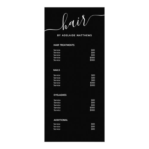 Modern Simple Elegant Black Hair Salon Price List Rack Card
