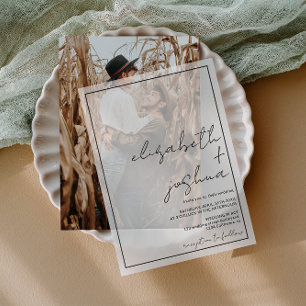 Modern simple elegant black script wedding vellum invitations