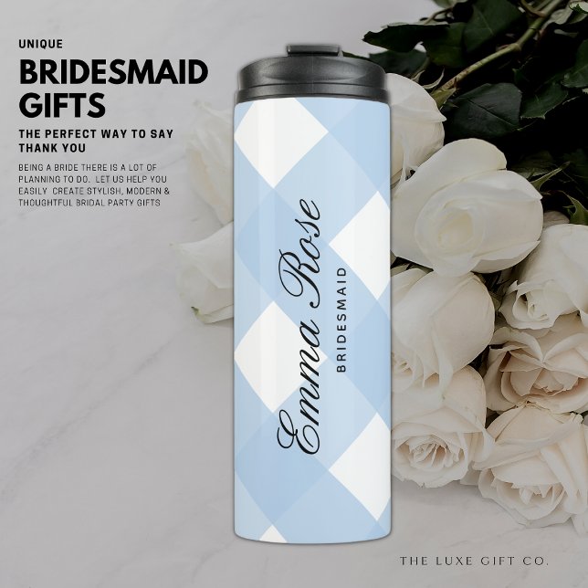 Modern Simple Elegant Blue Gingham Bridesmaid Thermal Tumbler (Creator Uploaded)