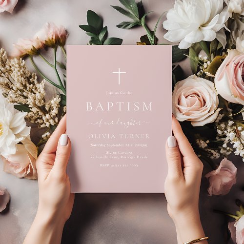 Modern Simple Elegant Blush Dusty Pink Baptism Invitation