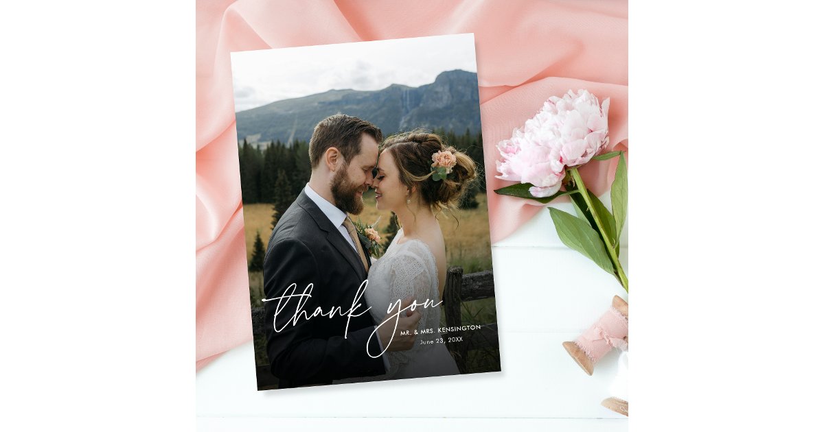 Modern Simple Elegant Calligraphy Photo Wedding Thank You Card | Zazzle