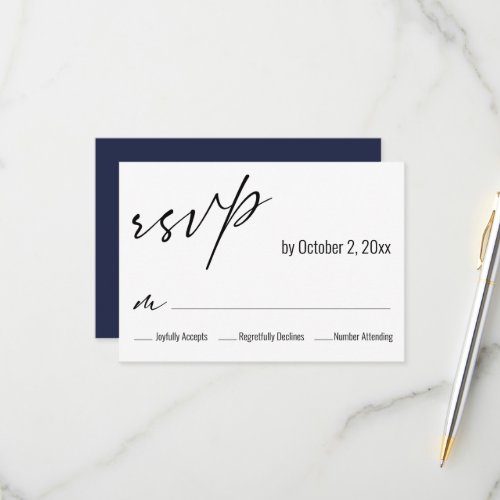 Modern Simple Elegant Navy Blue Back Wedding RSVP Card