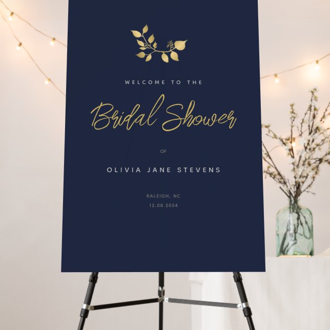 Modern Simple Elegant Navy Gold Bridal Shower Sign (In Situ (Stand))