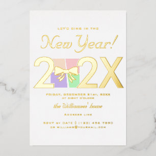 Modern Simple Elegant New Year's Eve Gift Box Bow Foil Invitation