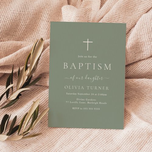 Modern Simple Elegant Sage Green Girl Boy Baptism Invitation