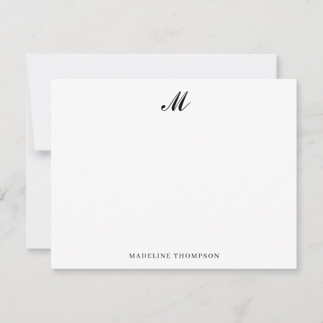Modern Simple Elegant Script Black Monogram Name Note Card (Front)