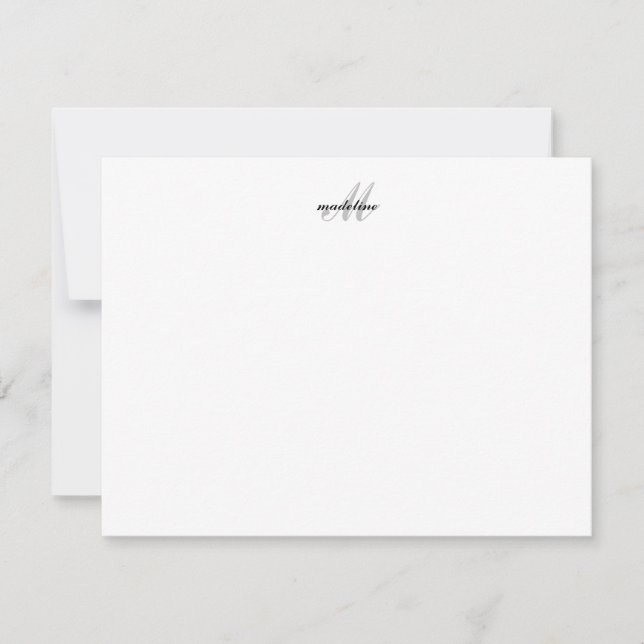 Modern Simple Elegant Script Black Silver Monogram Note Card (Front)