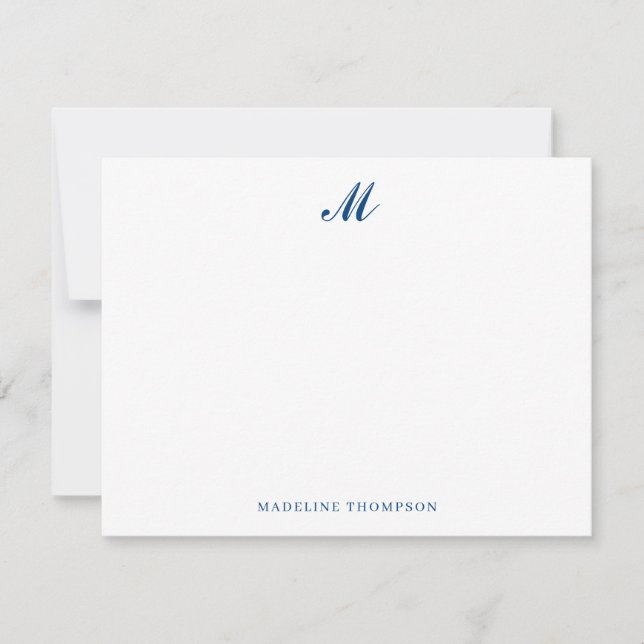 Modern Simple Elegant Script Navy Blue Monogram Note Card (Front)