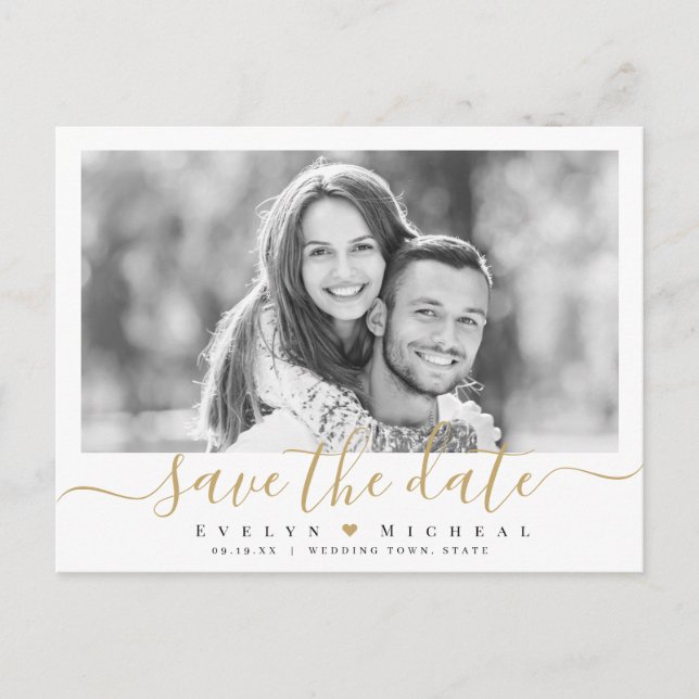 Modern simple elegant script photo save the date postcard (Front)