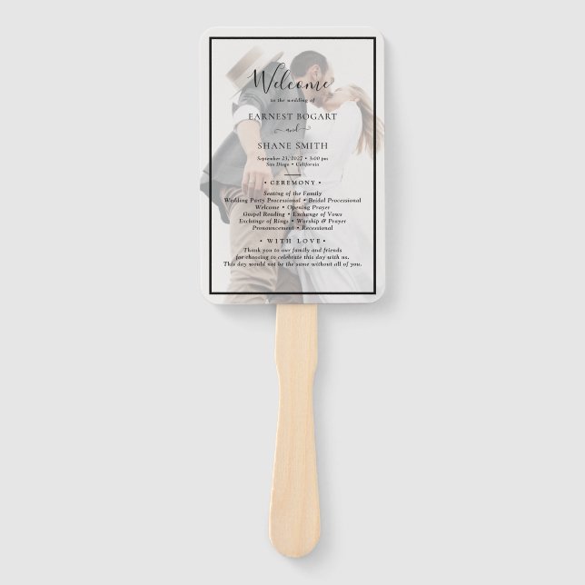 Modern Simple Elegant Script Photo Wedding Program Hand Fan (Front)