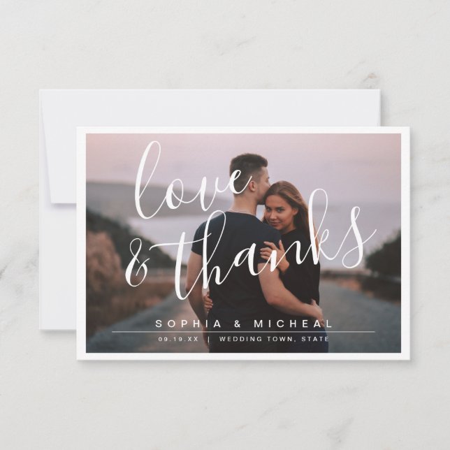 Modern simple elegant script photo wedding thank you card (Front)