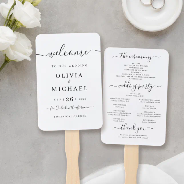 Modern simple elegant script wedding program hand fan | Zazzle