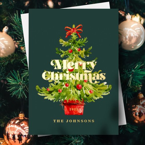 Modern Simple Elegant Watercolor Christmas Tree Foil Holiday Card