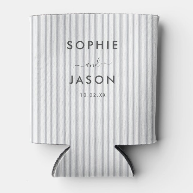 Modern Simple Elegant Wedding Script Striped Can Cooler (Front)