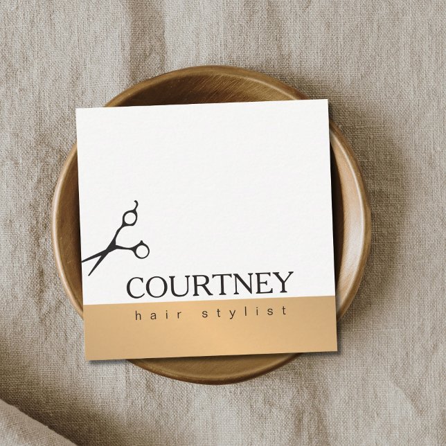 Modern Simple Elegant White Faux Gold Hair Stylist Square Business Card (Creator Uploaded)