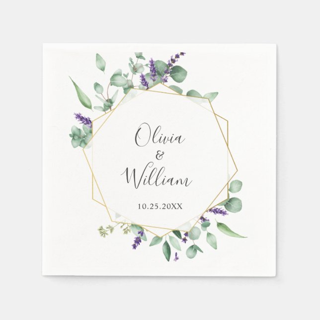 Modern Simple Eucalyptus Geometric Frame Wedding Napkins (Front)