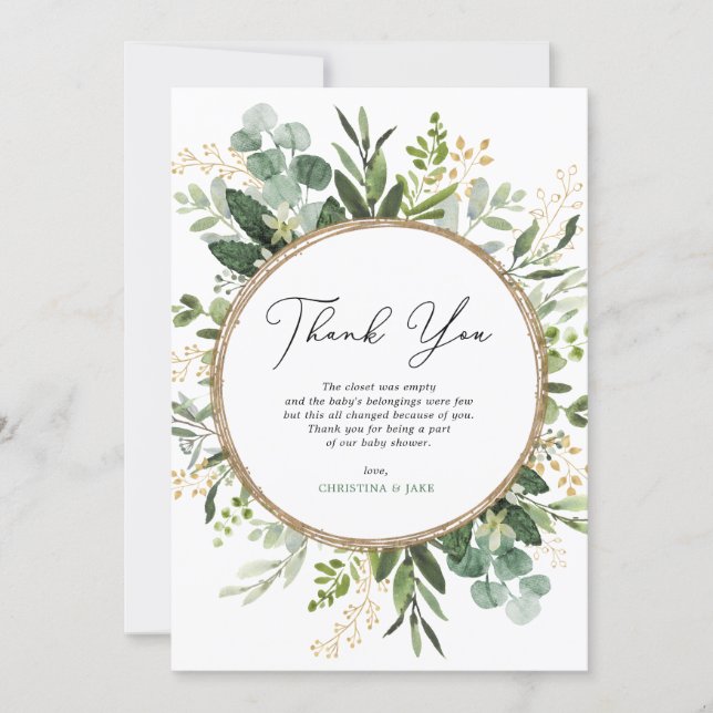 Modern Simple Eucalyptus Greenery Baby Shower Thank You Card (Front)