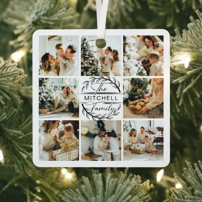 Modern Simple Family Photo Collage | Monogram Gift Metal Ornament (Insitu)