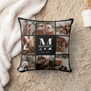 Modern Simple Family Photo Collage Monogram Gift Throw Pillow