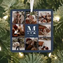 Modern Simple Family Photo Collage | Monogram Navy
