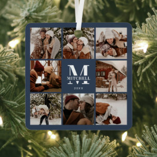 Modern Simple Family Photo Collage Monogram Navy Metal Ornament