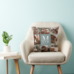 Modern Simple Family Photo Collage Sage Green Throw Pillow