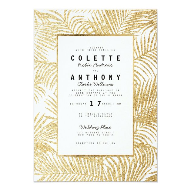 Modern Simple Faux Gold Glitter Palm Tree Wedding Invitation