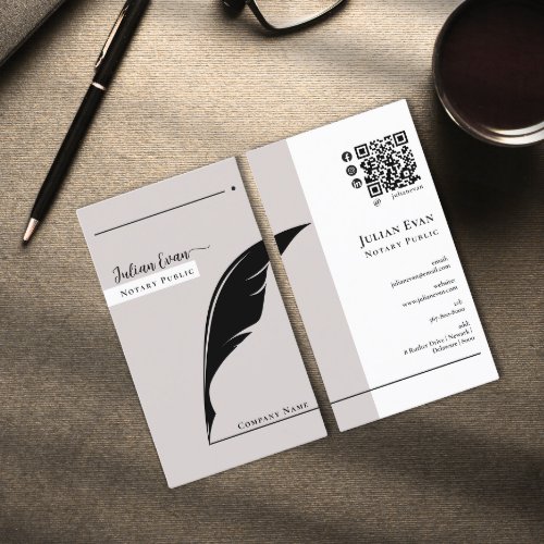 Modern Simple Feather Pen nib Beige Notary Public Business Card