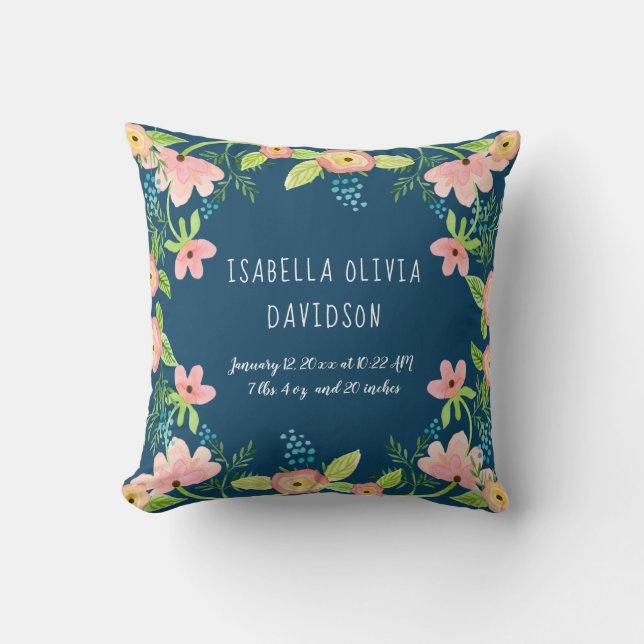Modern Simple Floral Baby Birth Info Watercolor Throw Pillow (Front)