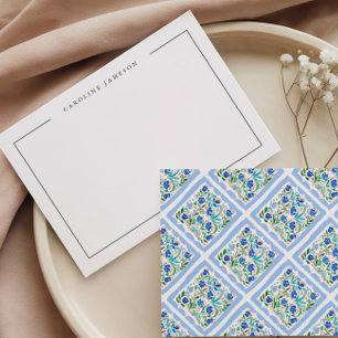 Modern Simple Floral Blue Name Flat Note Card