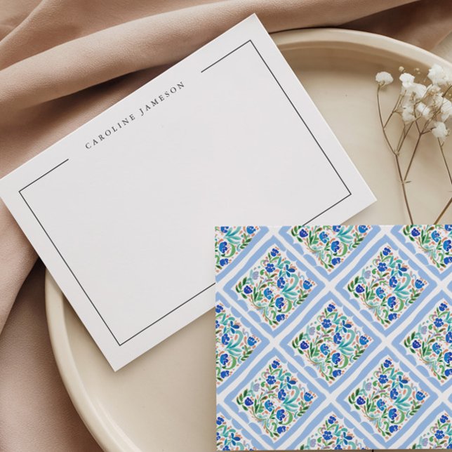 Modern Simple Floral Blue Name Flat Note Card (Creator Uploaded)
