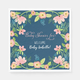 Modern Simple Floral Boho Girl Baby Shower Navy Napkins