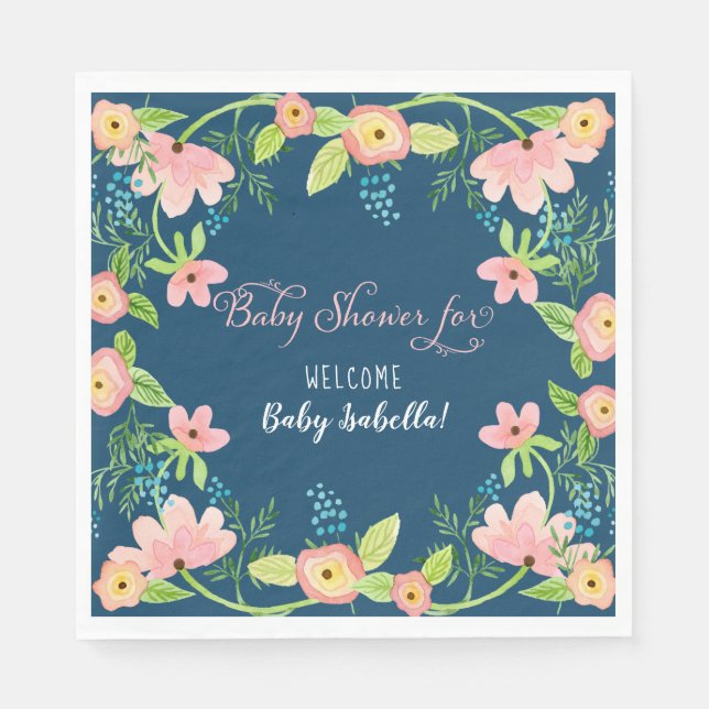 Modern Simple Floral Boho Girl Baby Shower Navy Napkins (Front)